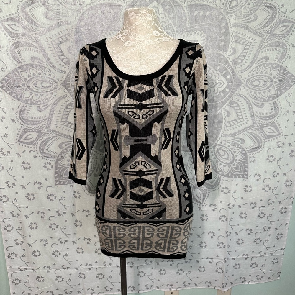 Nwt $52 Takeout T/O Sweater Dress Kohls 3/4 Sleeve Black Beige Grey S Small
